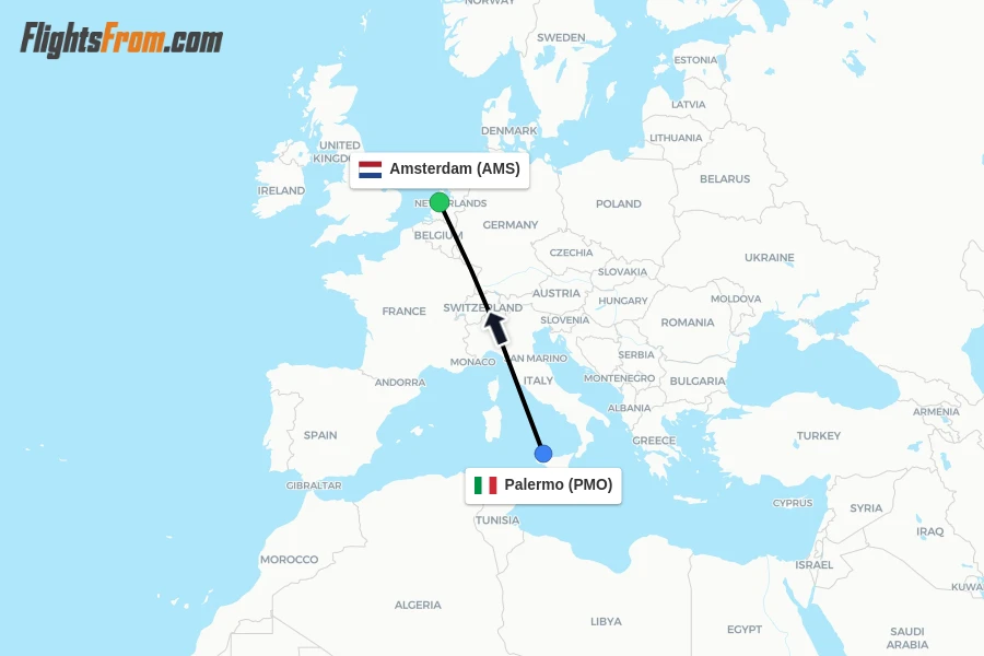 Flights from Palermo to Amsterdam route map