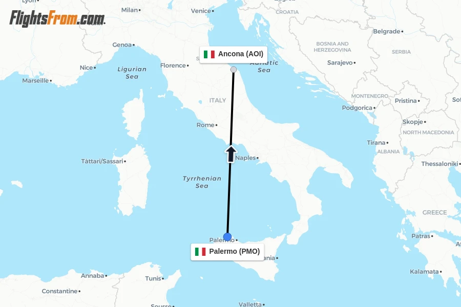 Flights from Palermo to Ancona route map