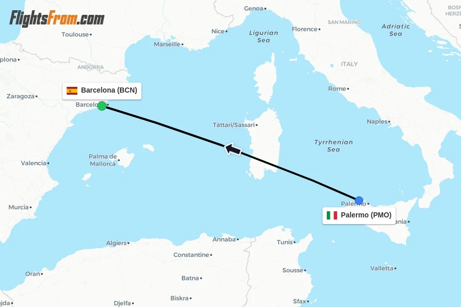 Flights from Palermo to Barcelona route map