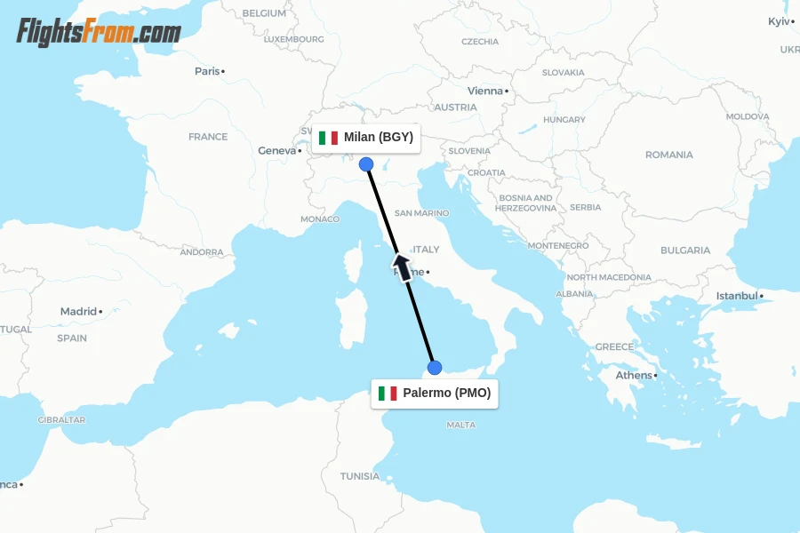 Flights from Palermo to Milan route map