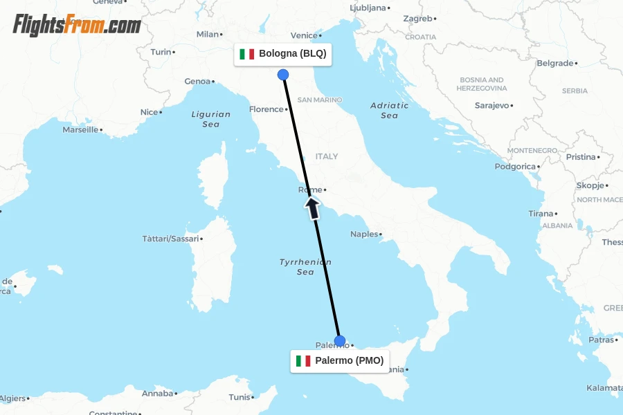 Flights from Palermo to Bologna route map