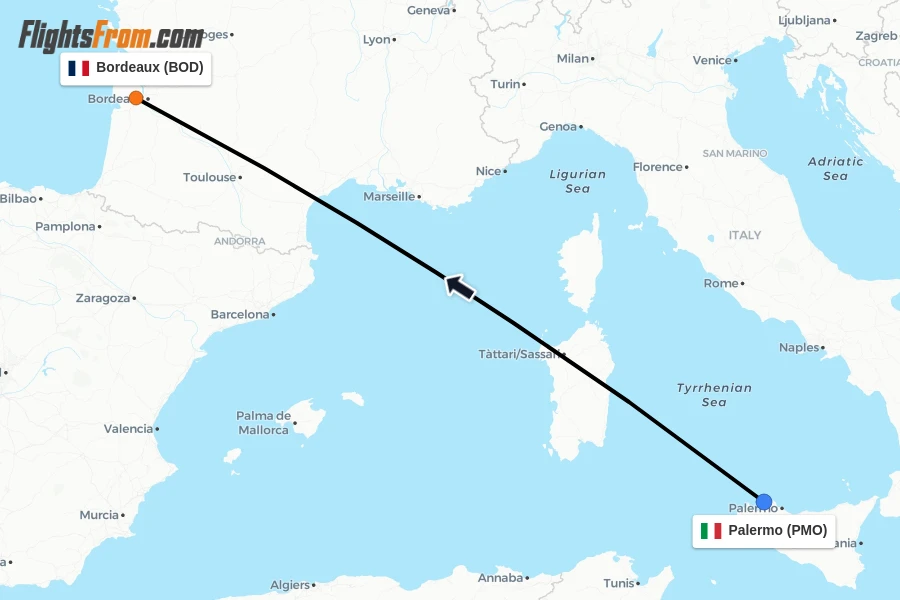 Flights from Palermo to Bordeaux route map