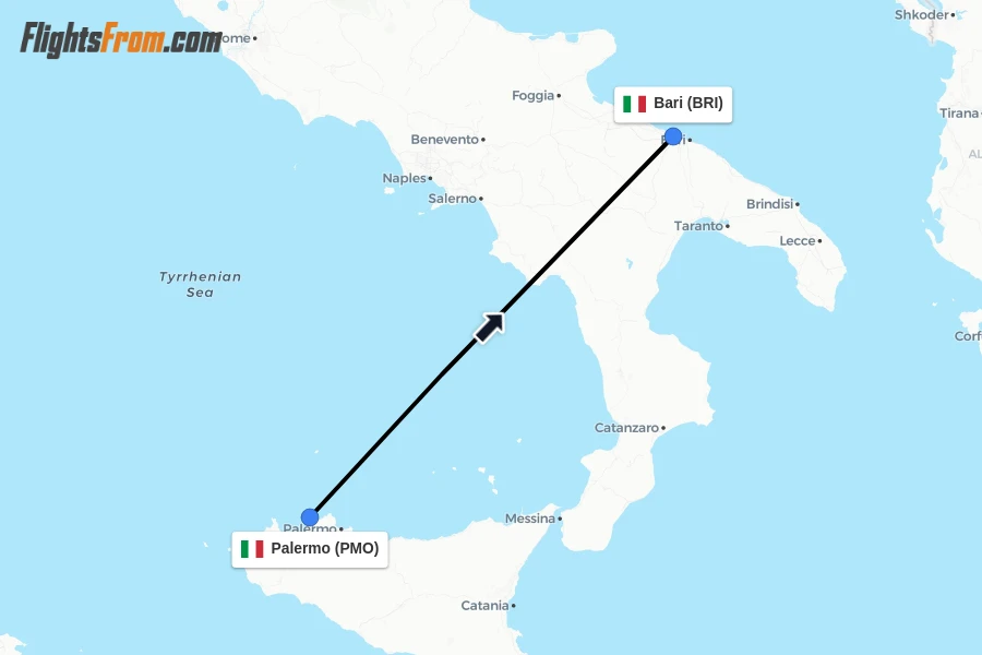 Flights from Palermo to Bari route map