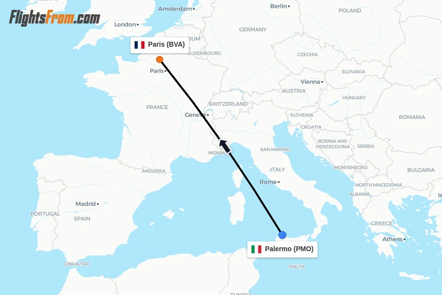 Flights from Palermo to Paris route map