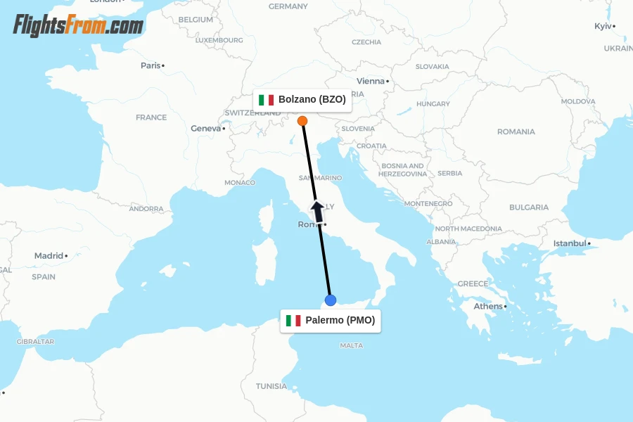 Flights from Palermo to Bolzano route map
