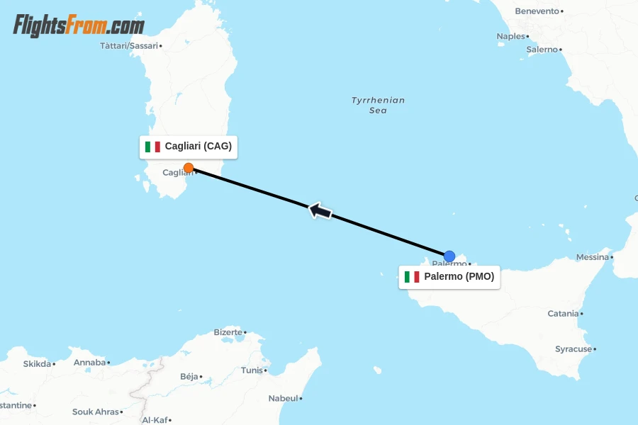 Flights from Palermo to Cagliari route map