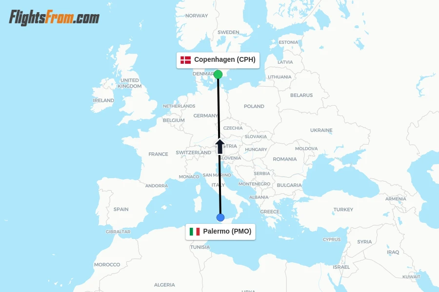 Flights from Palermo to Copenhagen route map