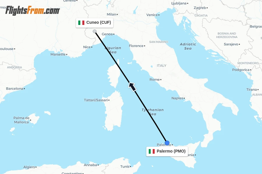 Flights from Palermo to Cuneo route map