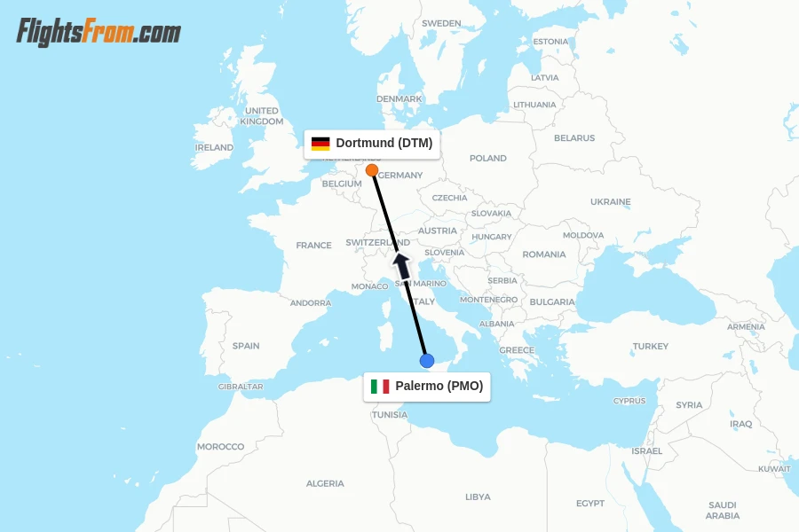 Flights from Palermo to Dortmund route map