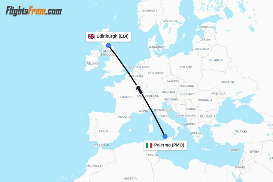 Flights from Palermo to Edinburgh route map