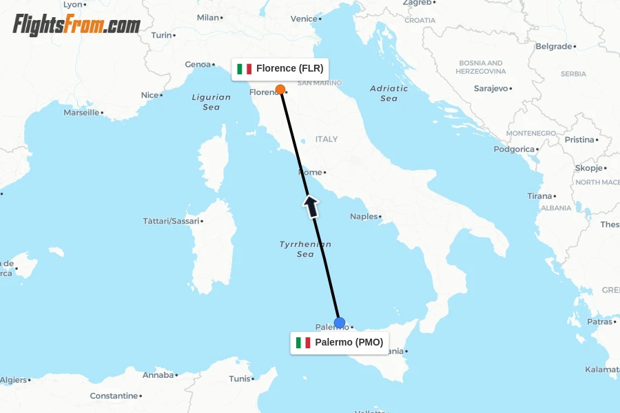 Flights from Palermo to Florence route map