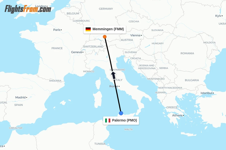 Flights from Palermo to Memmingen route map