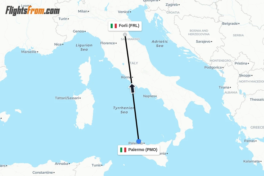 Flights from Palermo to Forli route map