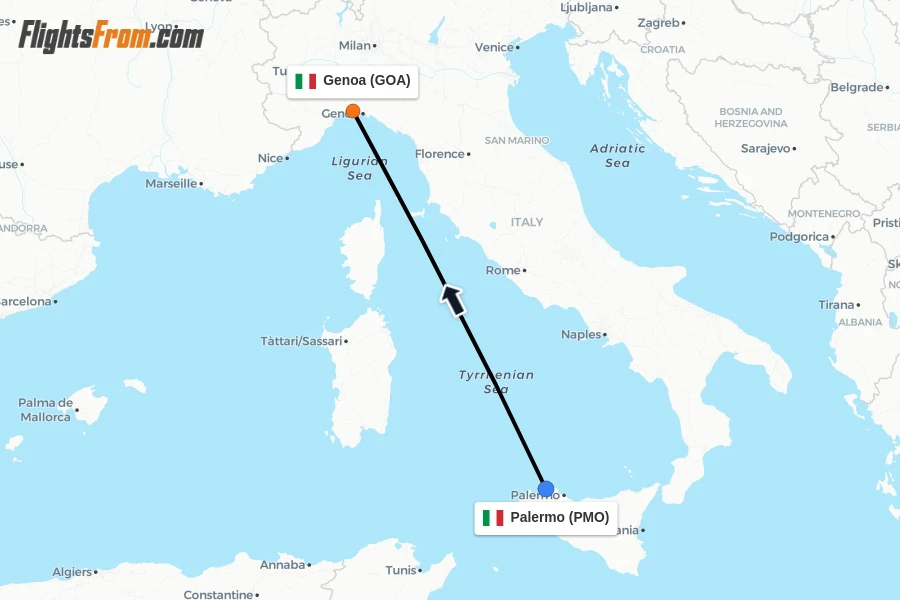 Flights from Palermo to Genoa route map