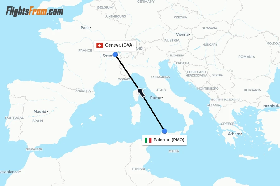 Flights from Palermo to Geneva route map