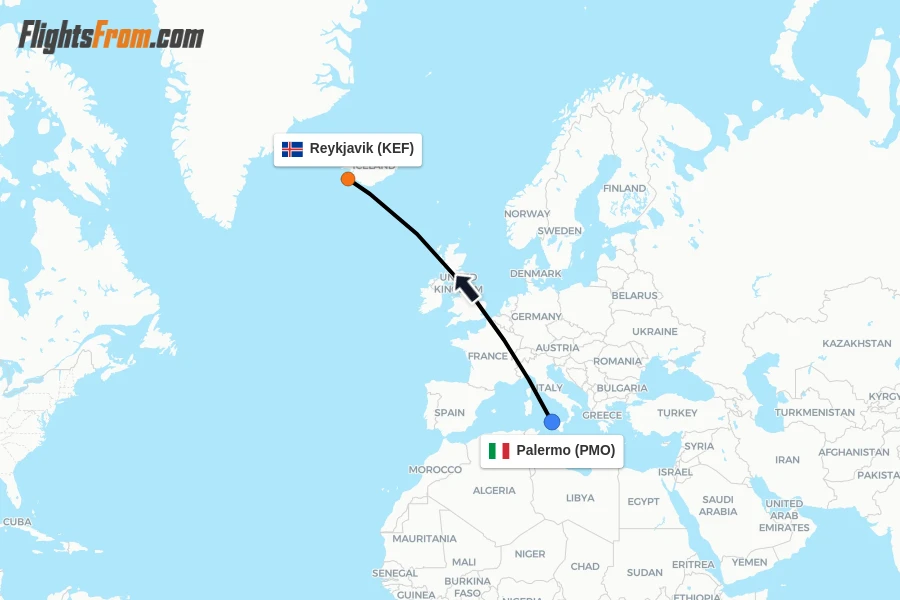 Flights from Palermo to Reykjavik route map