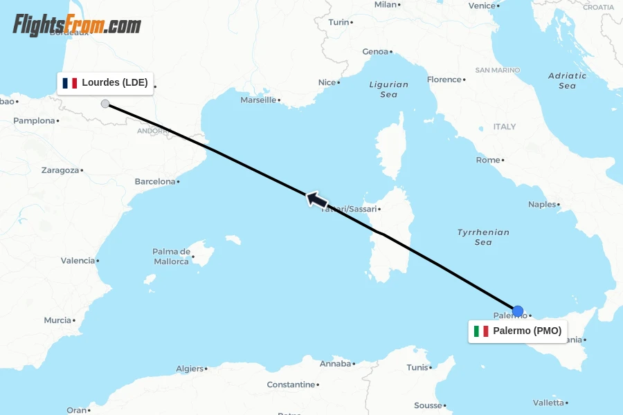 Flights from Palermo to Lourdes route map