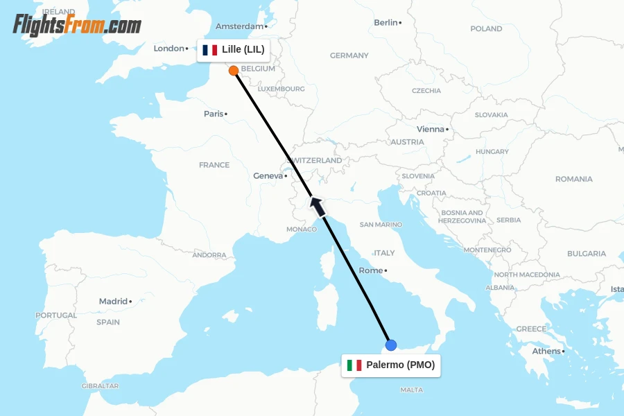 Flights from Palermo to Lille route map