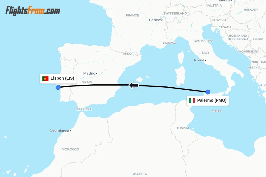 Flights from Palermo to Lisbon route map