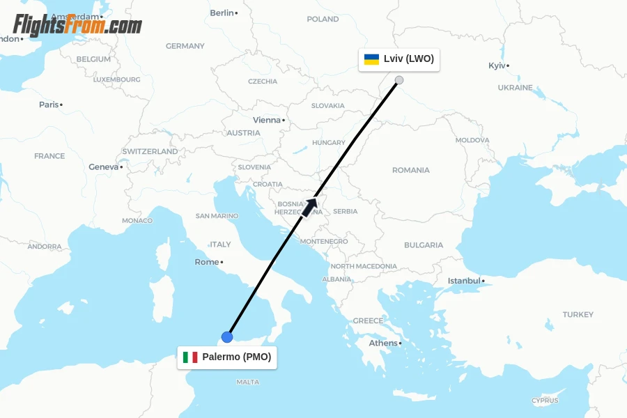 Flights from Palermo to Lviv route map