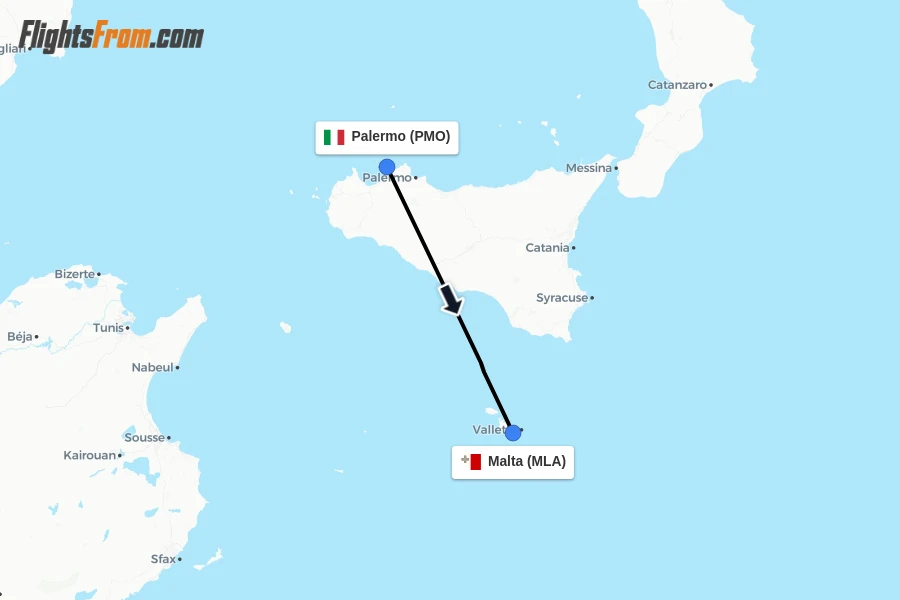 Flights from Palermo to Malta route map