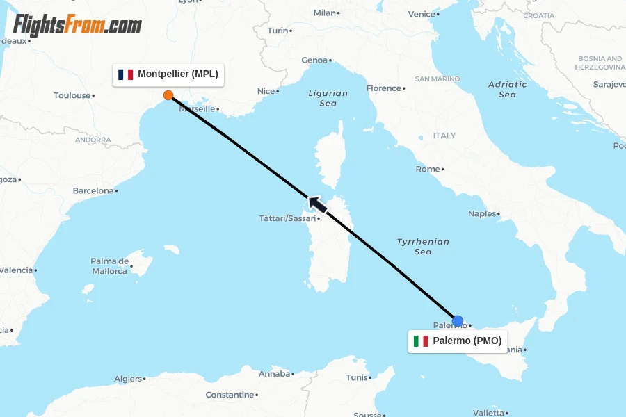 Flights from Palermo to Montpellier route map
