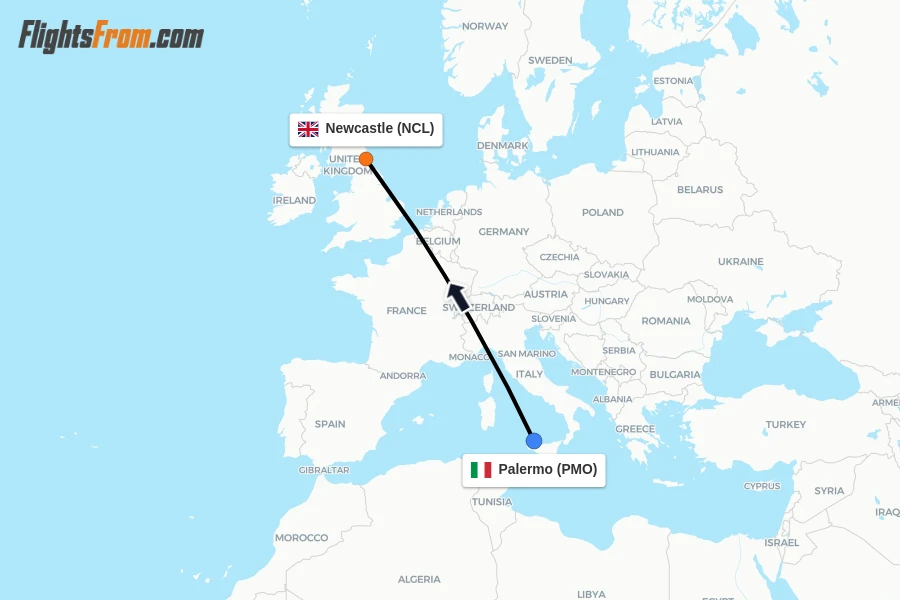 Flights from Palermo to Newcastle route map