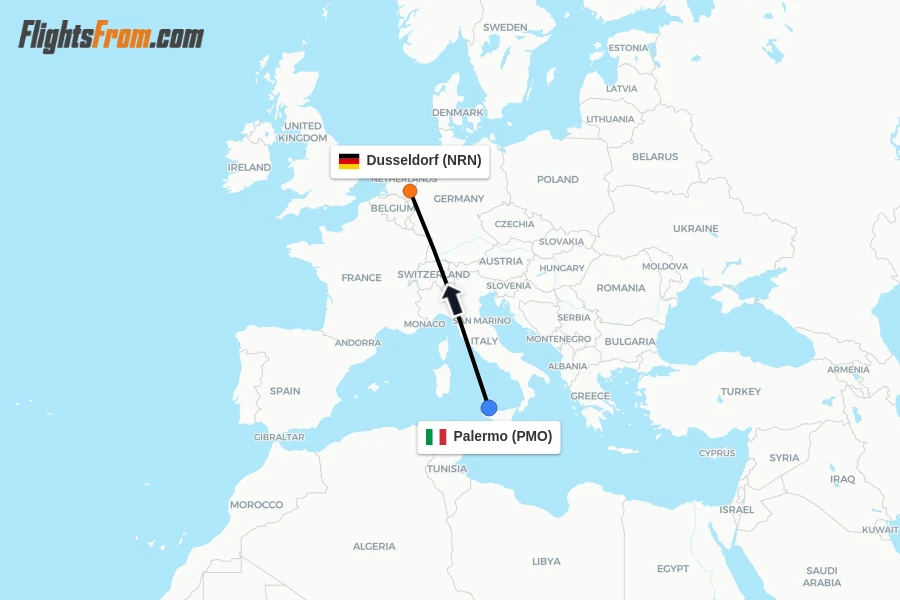 Flights from Palermo to Dusseldorf route map