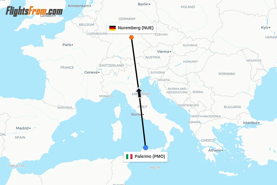 Flights from Palermo to Nuremberg route map