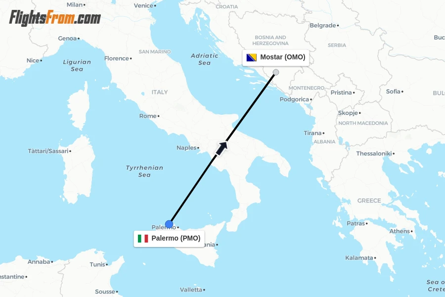 Flights from Palermo to Mostar route map