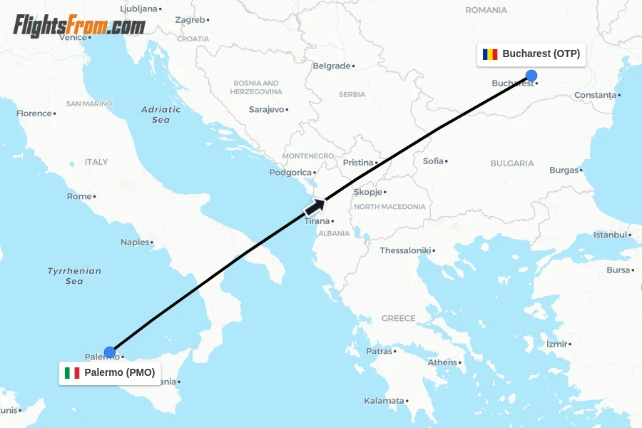 Flights from Palermo to Bucharest route map