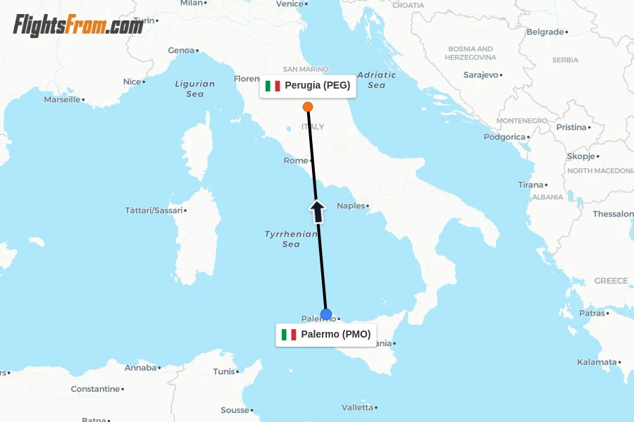 Flights from Palermo to Perugia route map