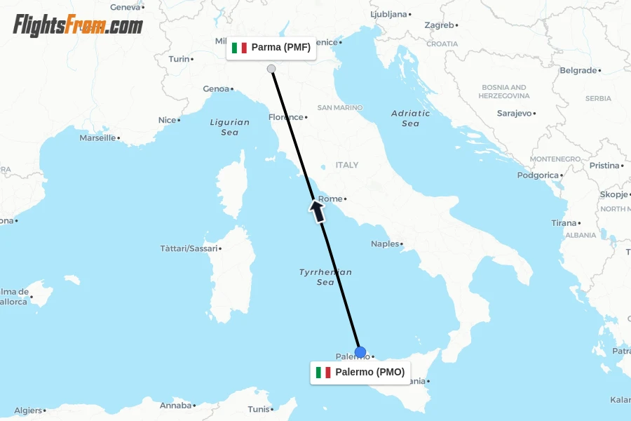 Flights from Palermo to Parma route map