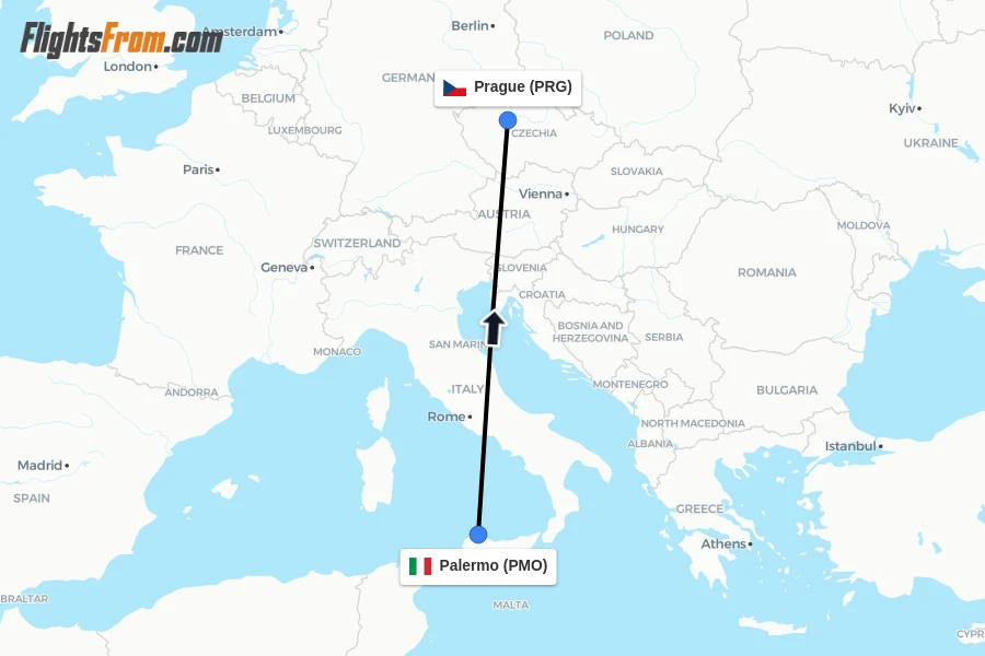 Flights from Palermo to Prague route map