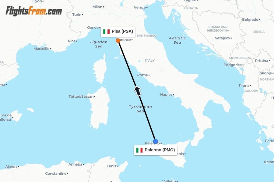 Flights from Palermo to Pisa route map