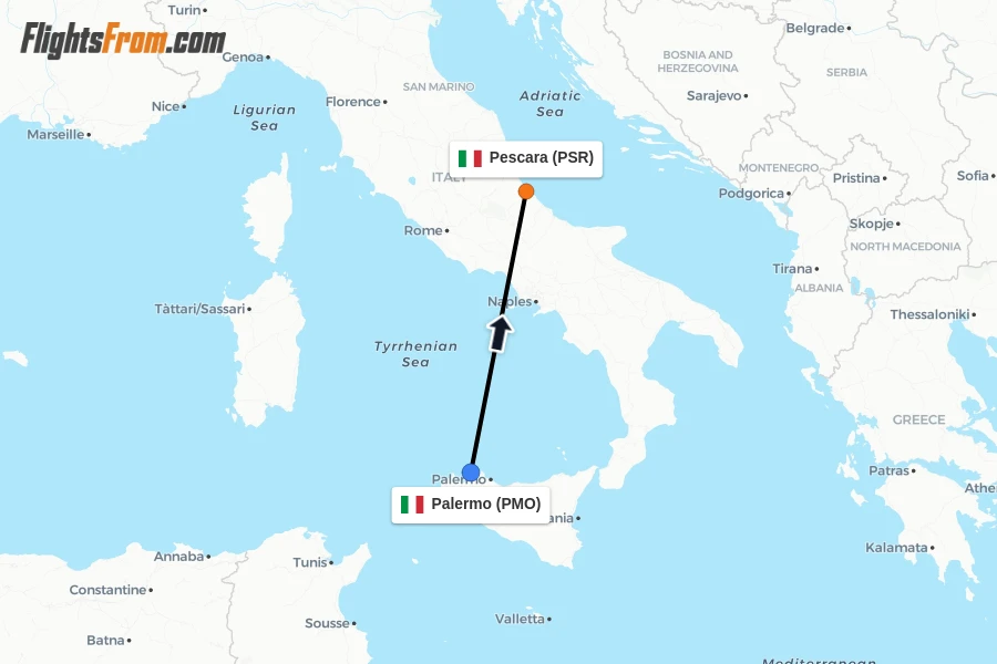 Flights from Palermo to Pescara route map