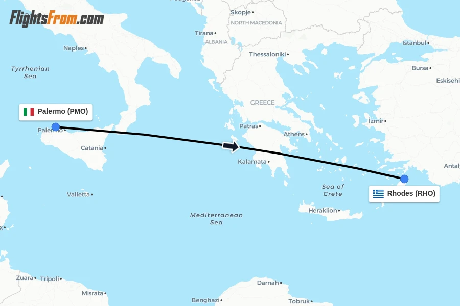 Flights from Palermo to Rhodes route map