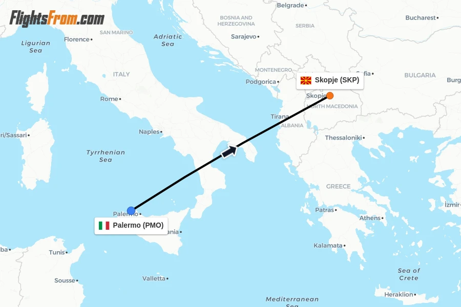 Flights from Palermo to Skopje route map