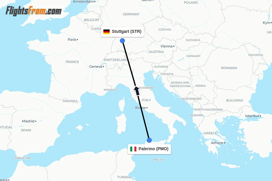 Flights from Palermo to Stuttgart route map