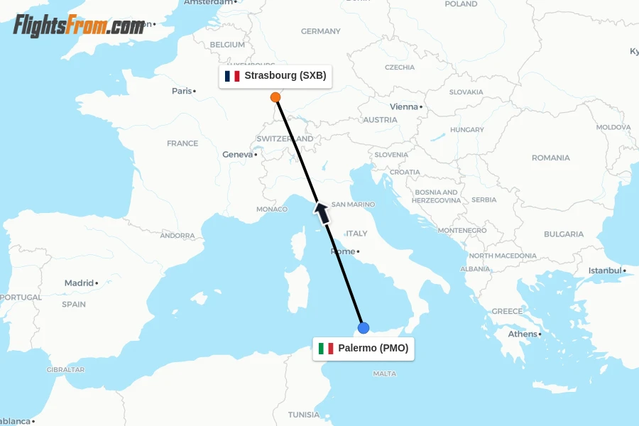 Flights from Palermo to Strasbourg route map