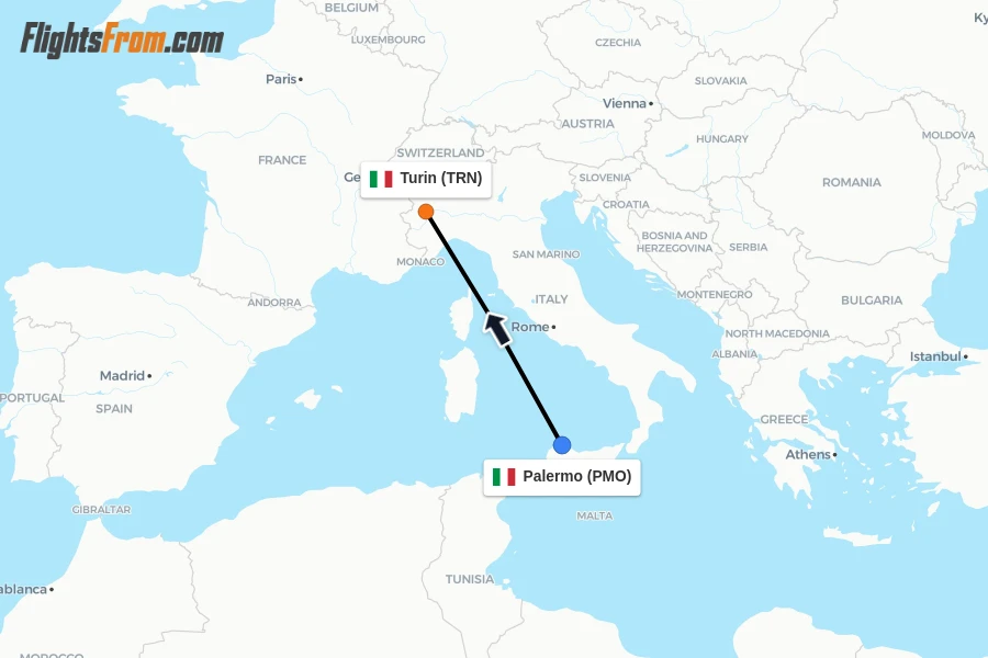 Flights from Palermo to Turin route map