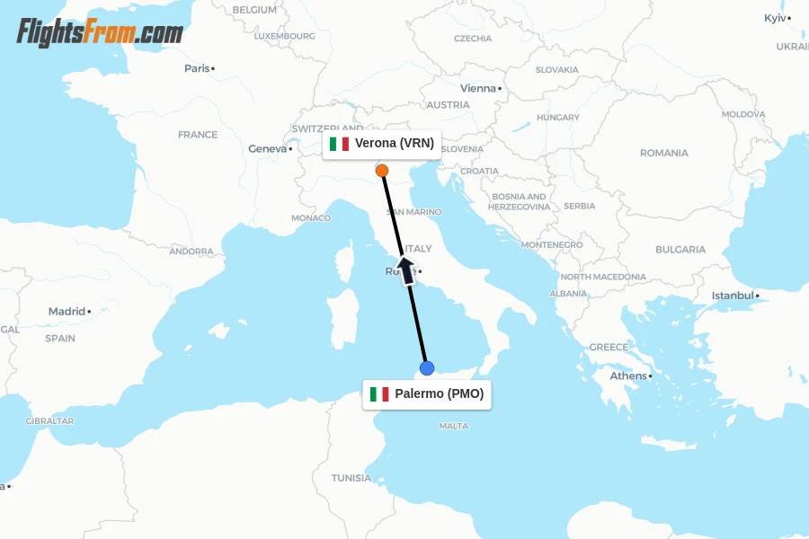 Flights from Palermo to Verona route map