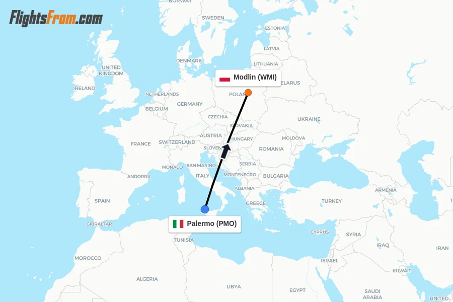 Flights from Palermo to Modlin route map