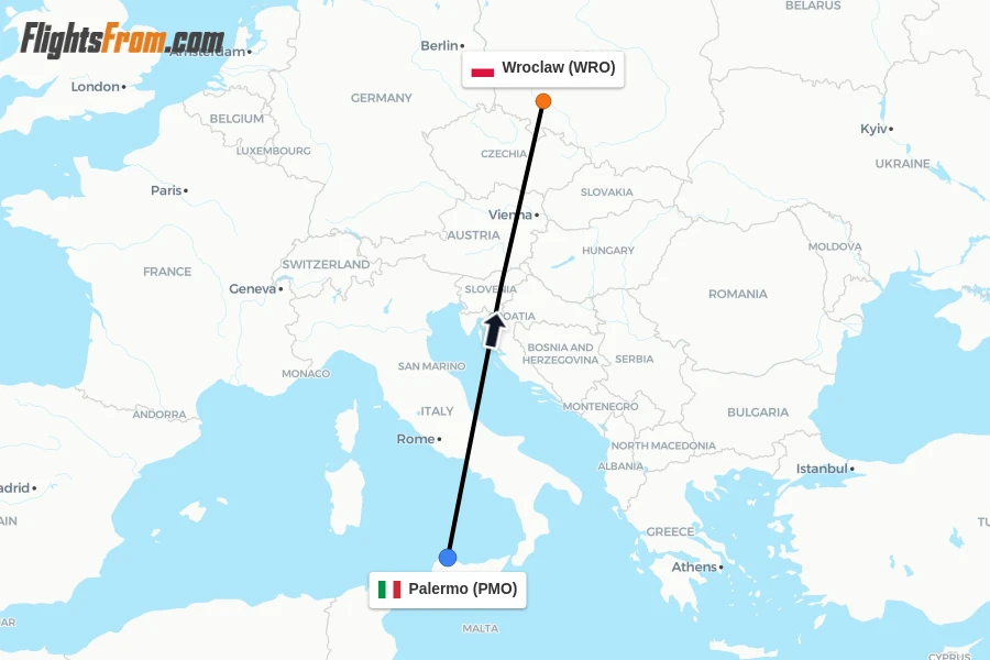 Flights from Palermo to Wroclaw route map