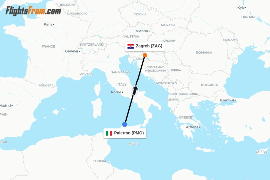 Flights from Palermo to Zagreb route map