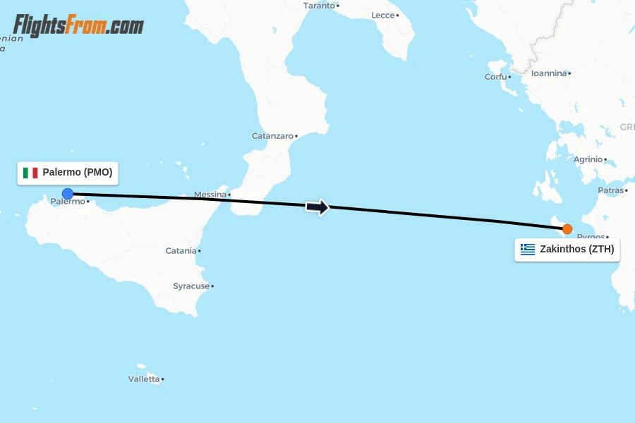 Flights from Palermo to Zakinthos route map