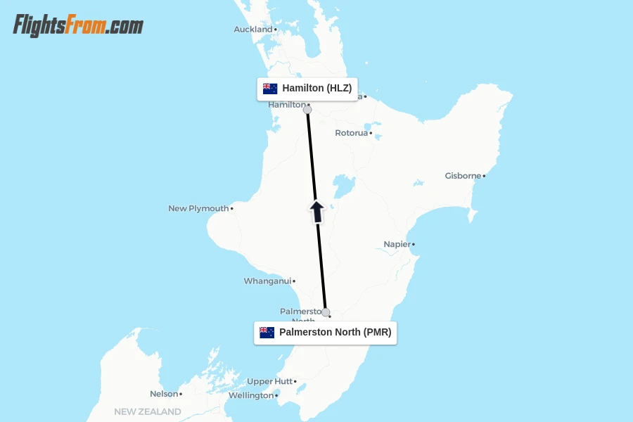 Flights from Palmerston North to Hamilton route map