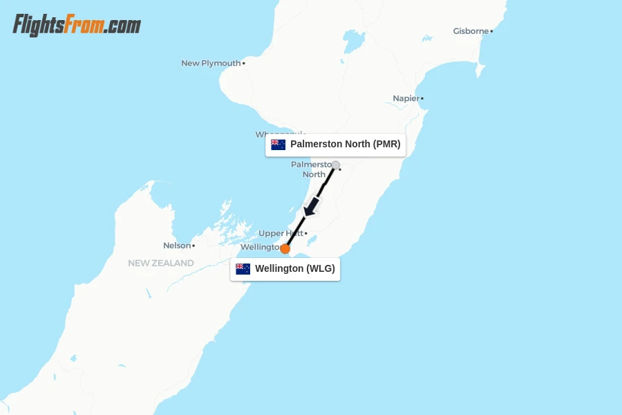 Flights from Palmerston North to Wellington route map