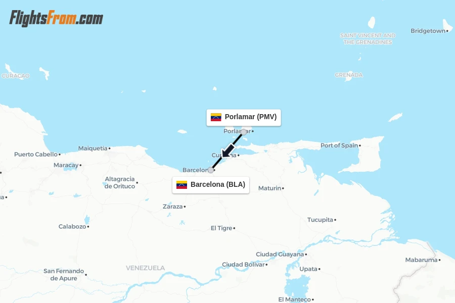Flights from Porlamar to Barcelona route map