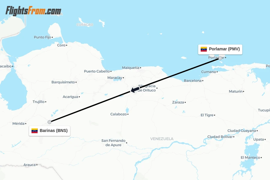 Flights from Porlamar to Barinas route map